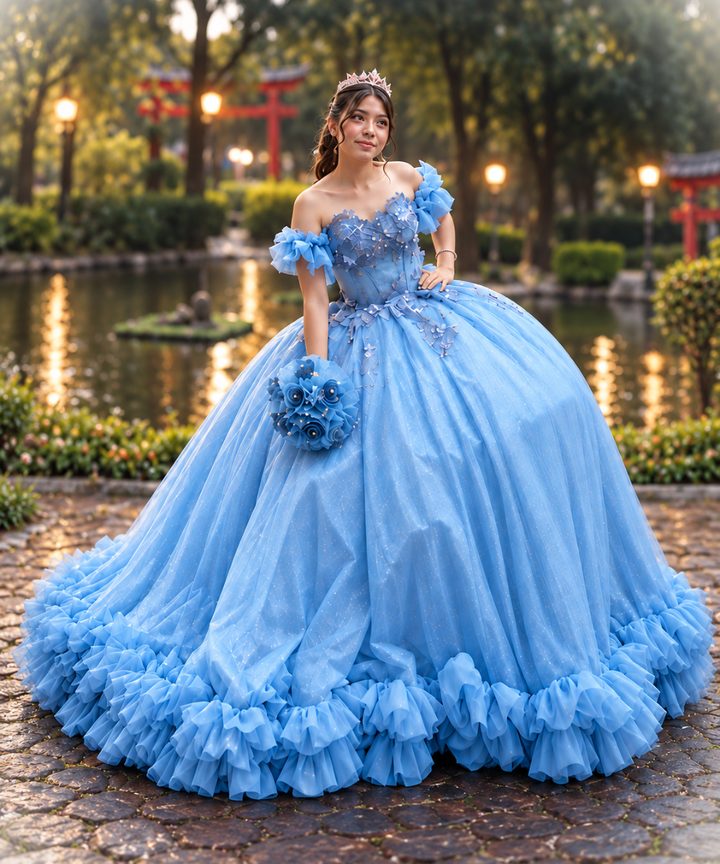 Natalia Yanina con su vestido azul de XV años en un jardín con estanque